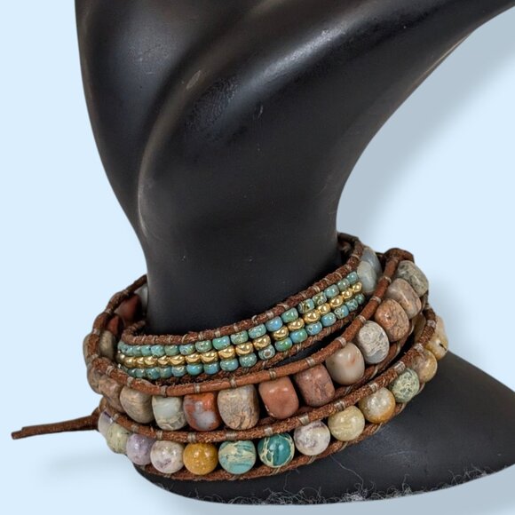 Bohemian Leather & Stone Wrap Bracelet - Picture 2 of 5